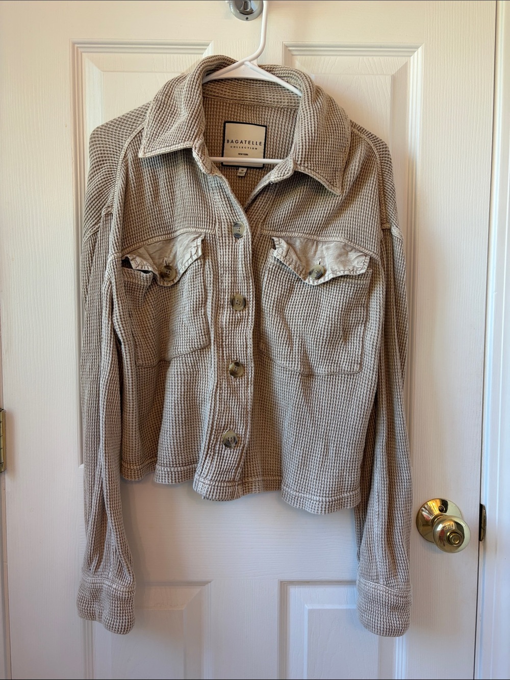 bagatelle Neutral Waffle Knit Utility Jacket in Beige